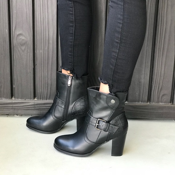 Black Snake Embossed Belted Chunky Heel Ankle Boot - Picture 4 of 6